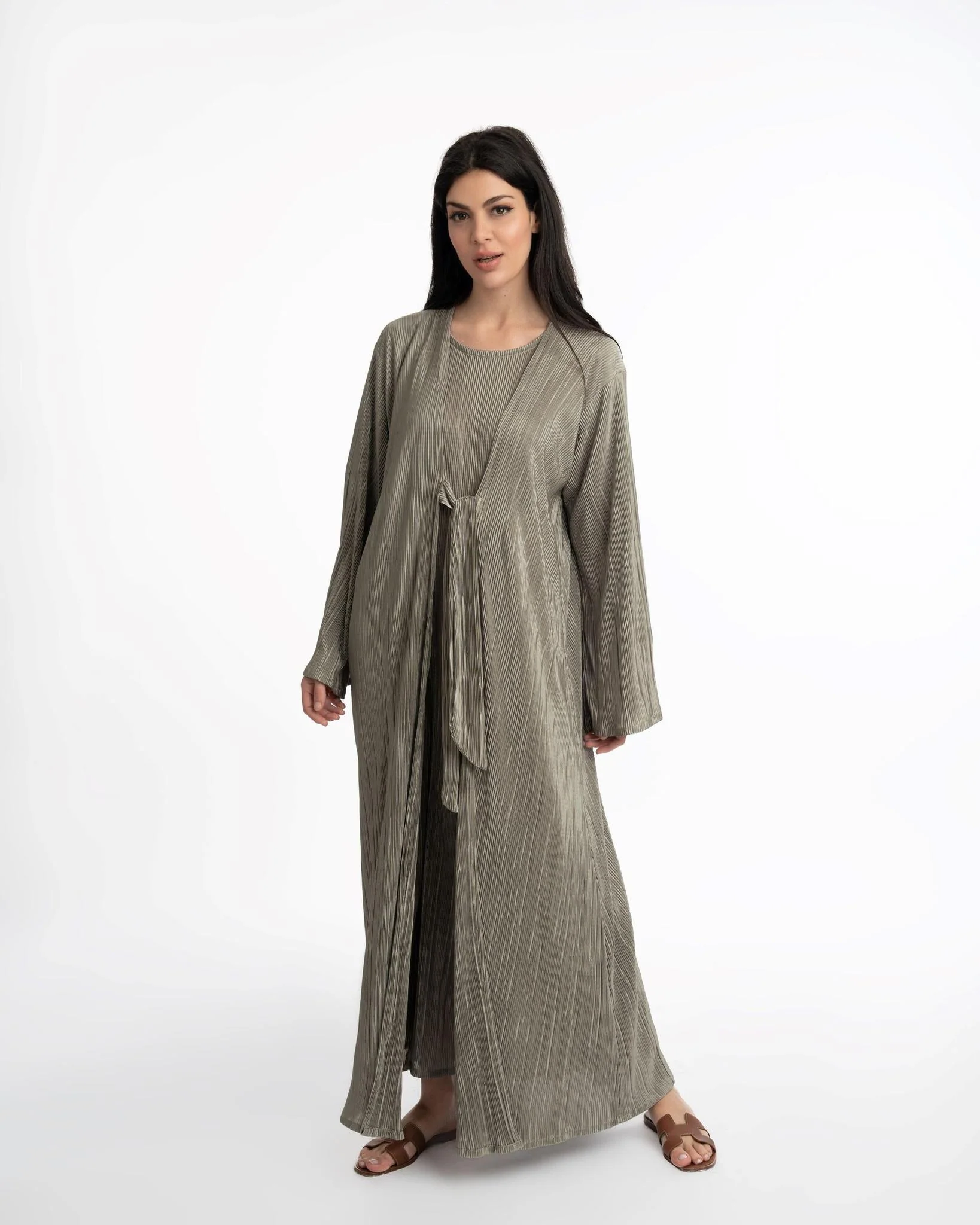 Basma Crinkle Abaya Olive Green - Image 3