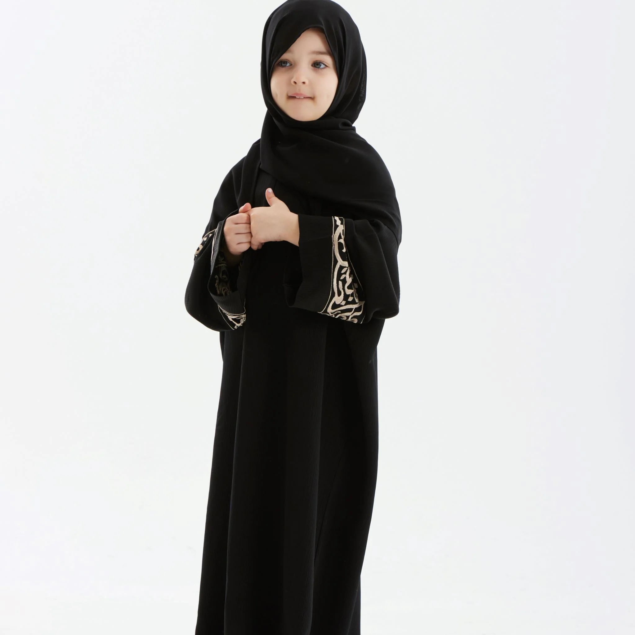 Black Layali Gold Prayer Abaya-Kids - Image 3