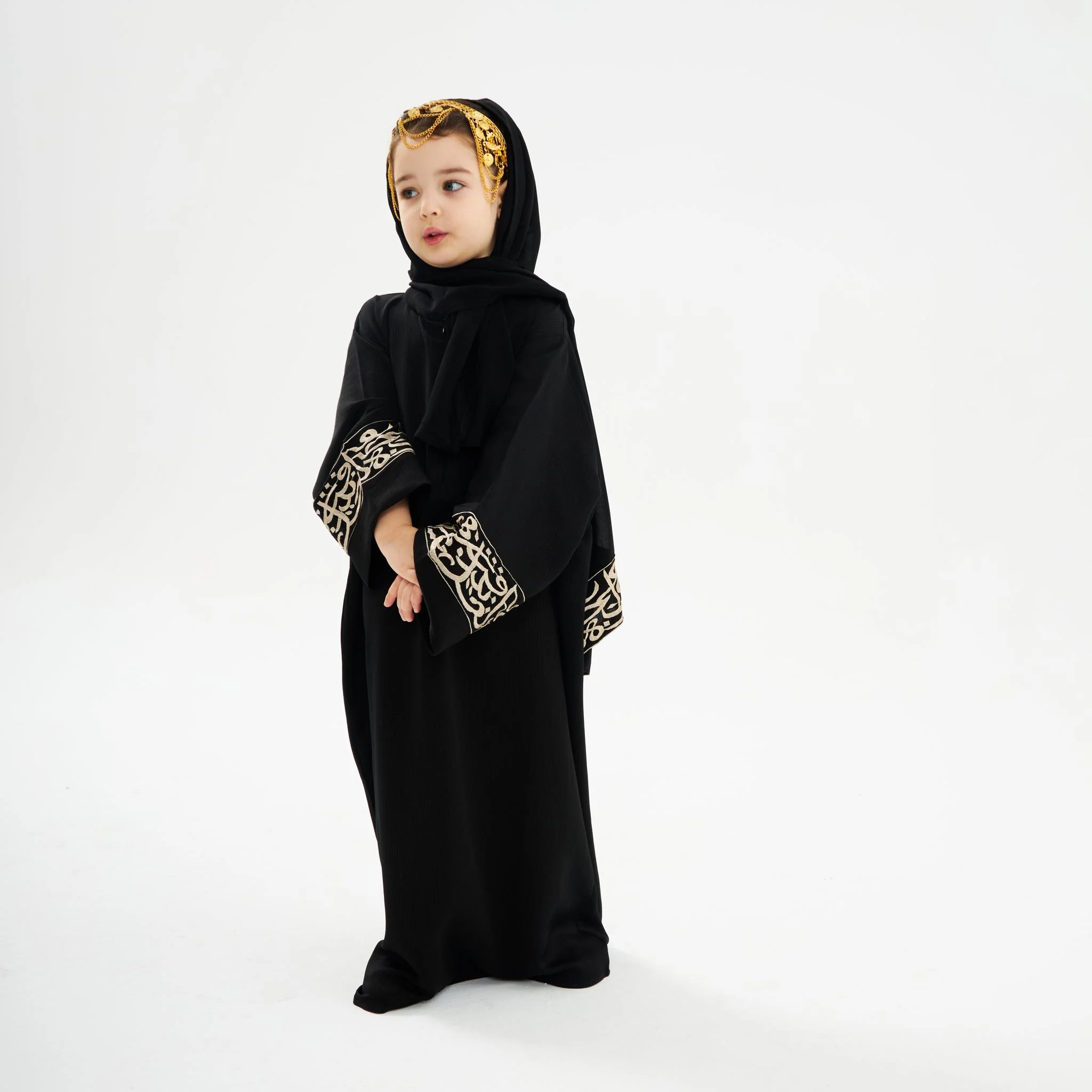 Black Layali Gold Prayer Abaya-Kids - Image 5