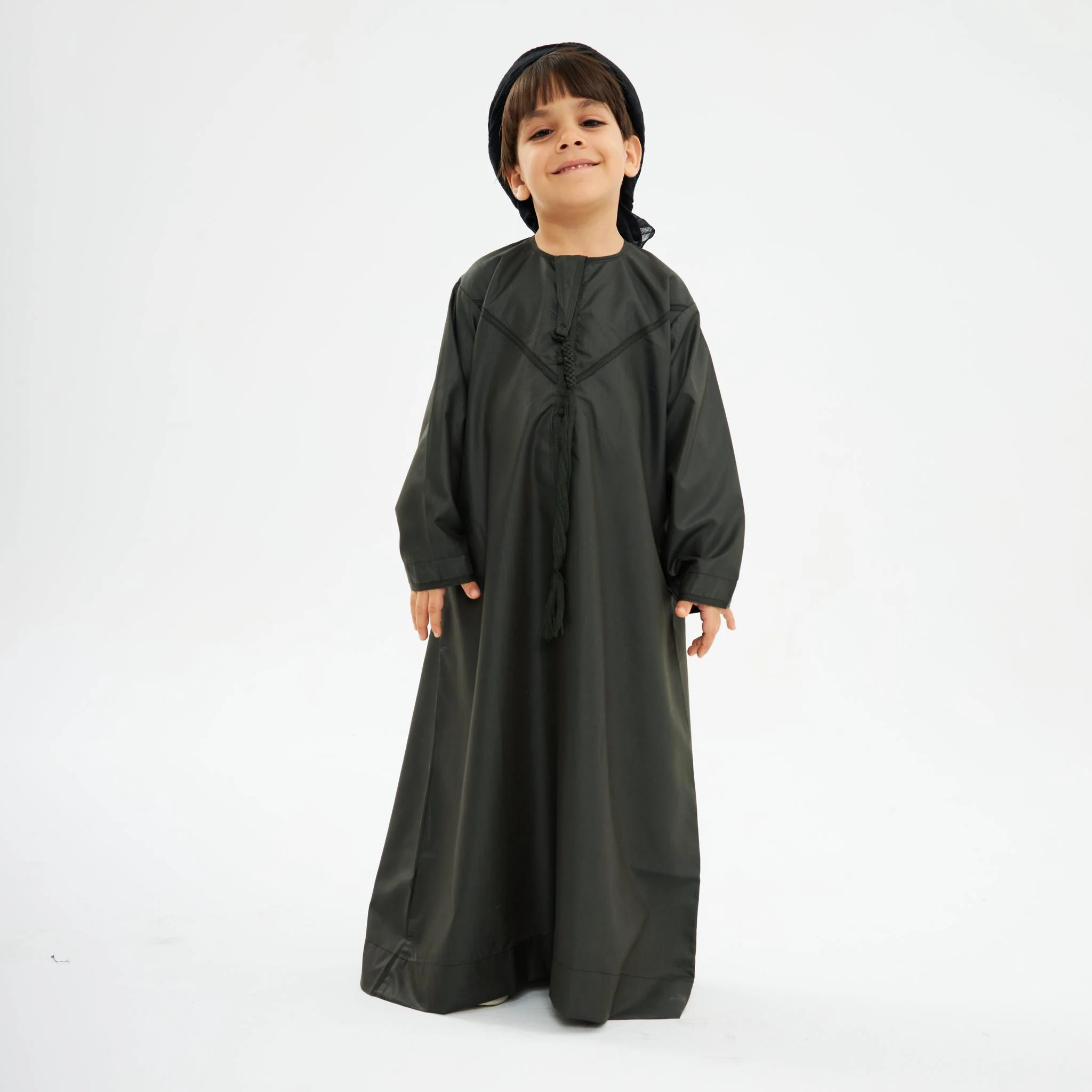Charcoal Green Emirati Kandora-Kids - Image 3