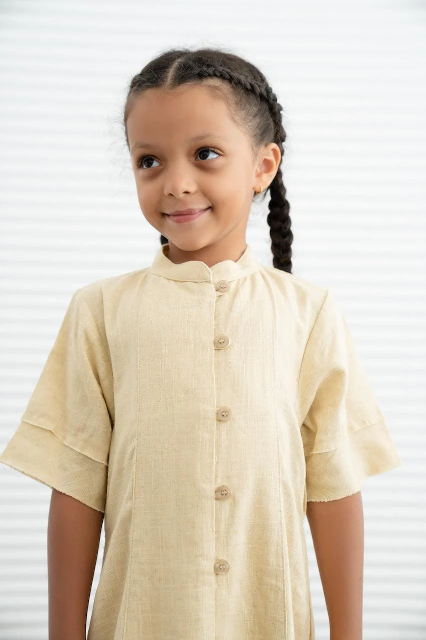 Kids Linen Button Down Dress- Butter Yellow - Image 2