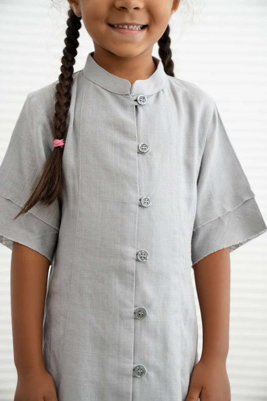 Kids Linen Button Down Dress- Grey - Image 2