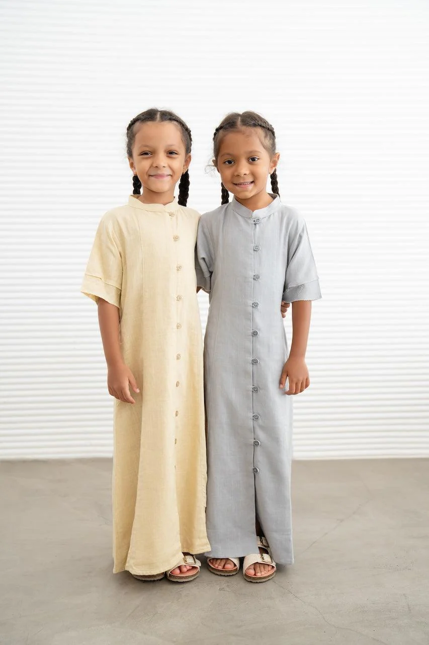 Kids Linen Button Down Dress- Grey - Image 3