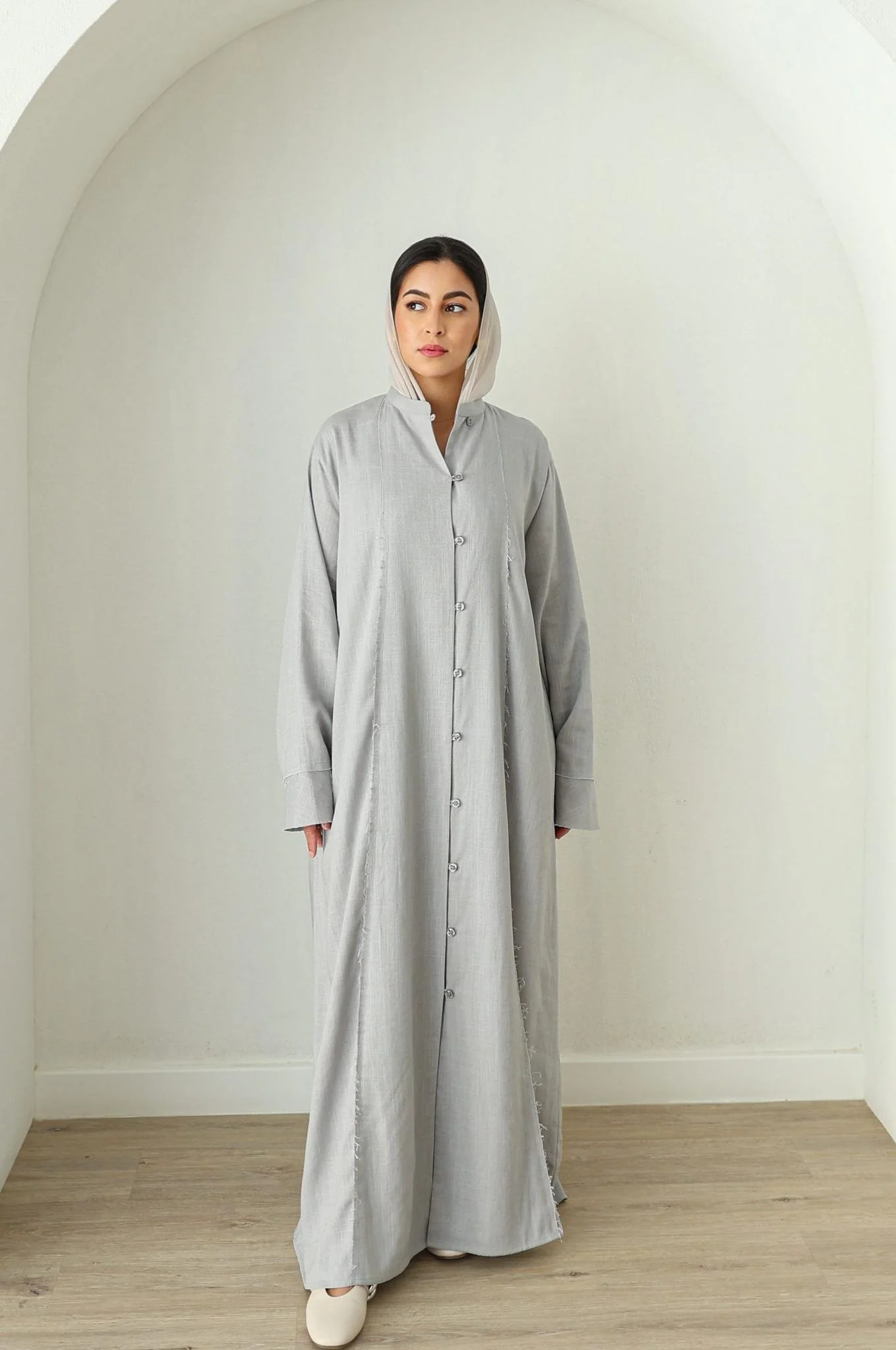 Linen Button Down Dress- Grey - Image 3