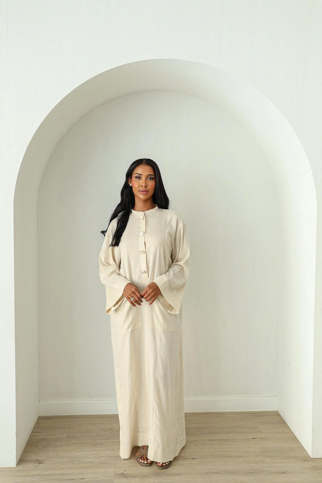 Linen Kaftan Dress- Cream - Image 4