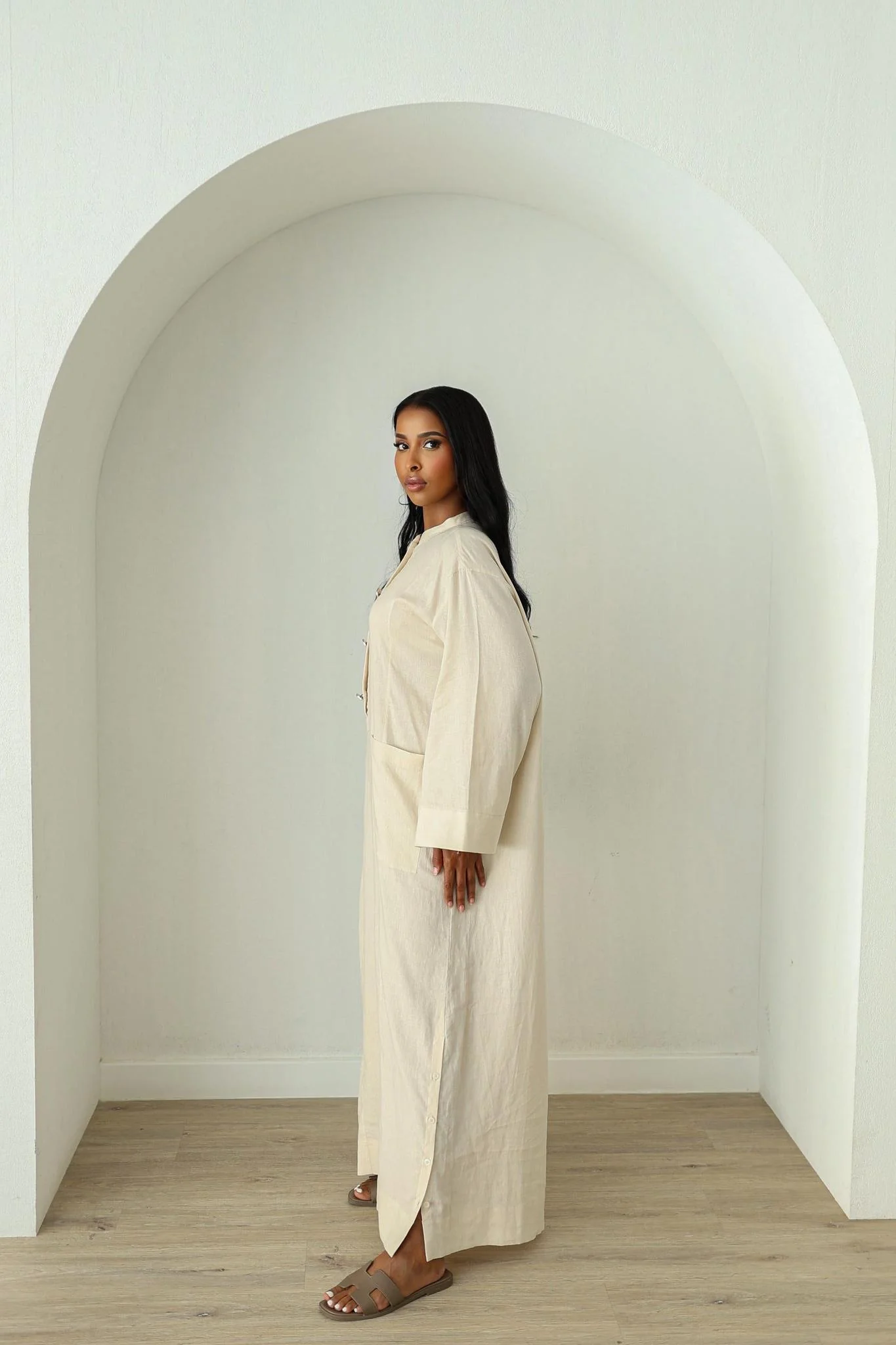 Linen Kaftan Dress- Cream - Image 5