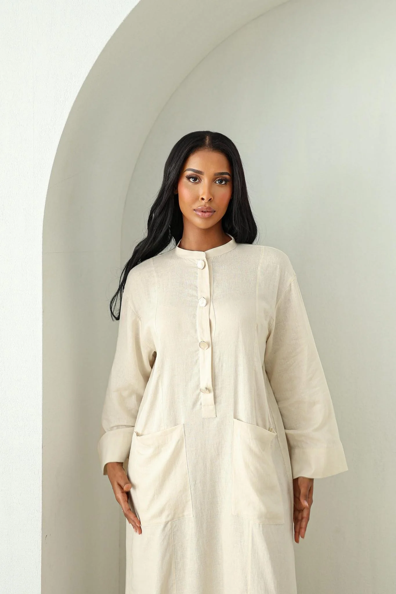 Linen Kaftan Dress- Cream - Image 6