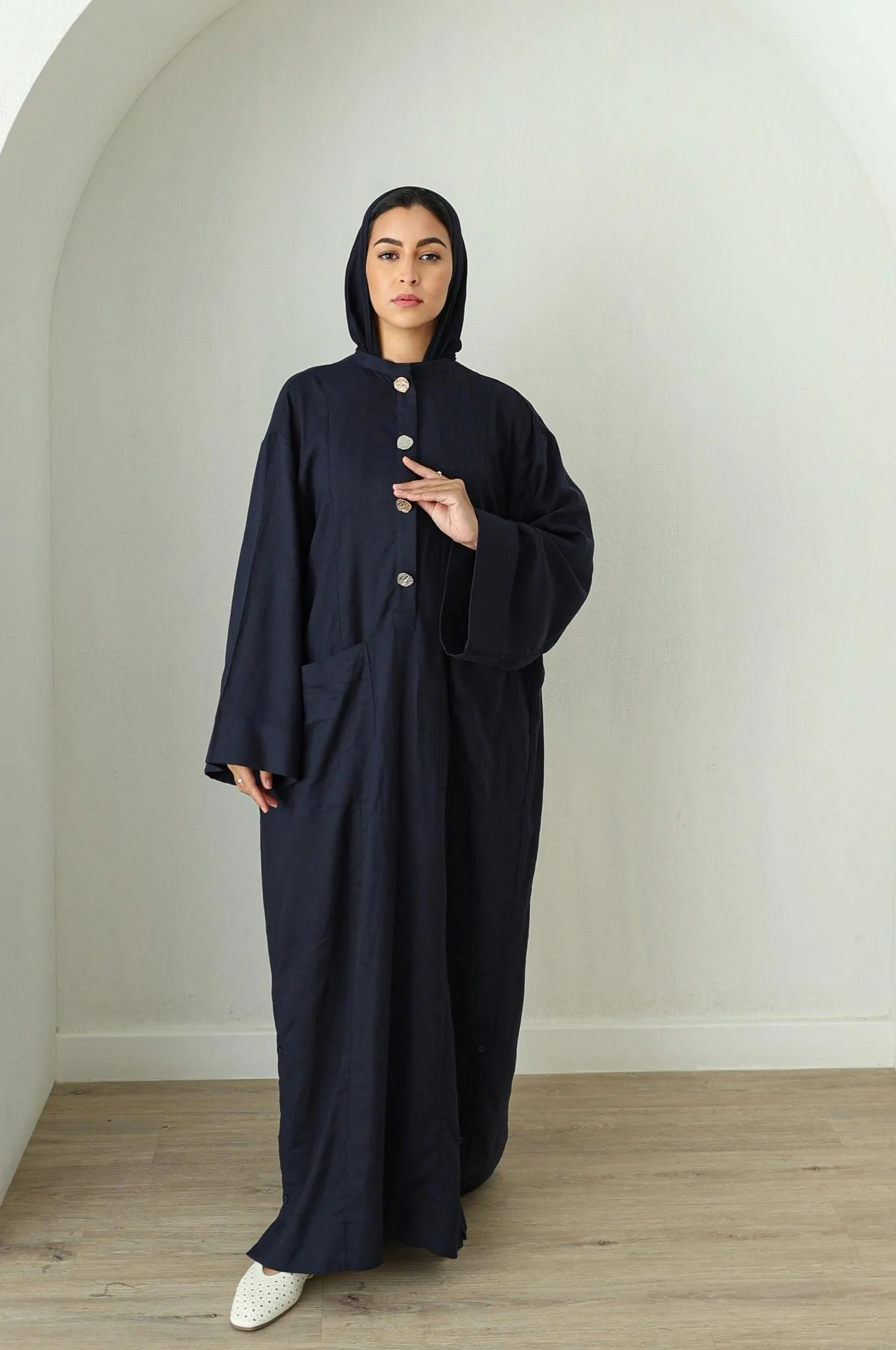 Linen Kaftan Dress- Navy - Image 3