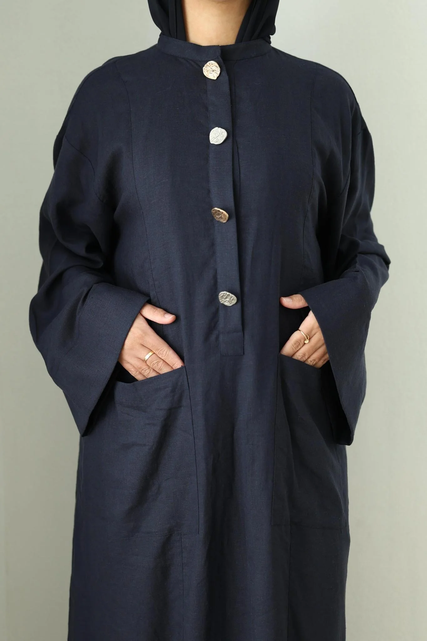 Linen Kaftan Dress- Navy - Image 4