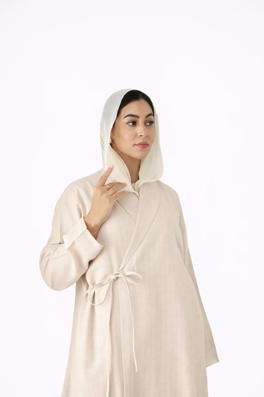 Linen Wrap Abaya - Cream Pinstripe