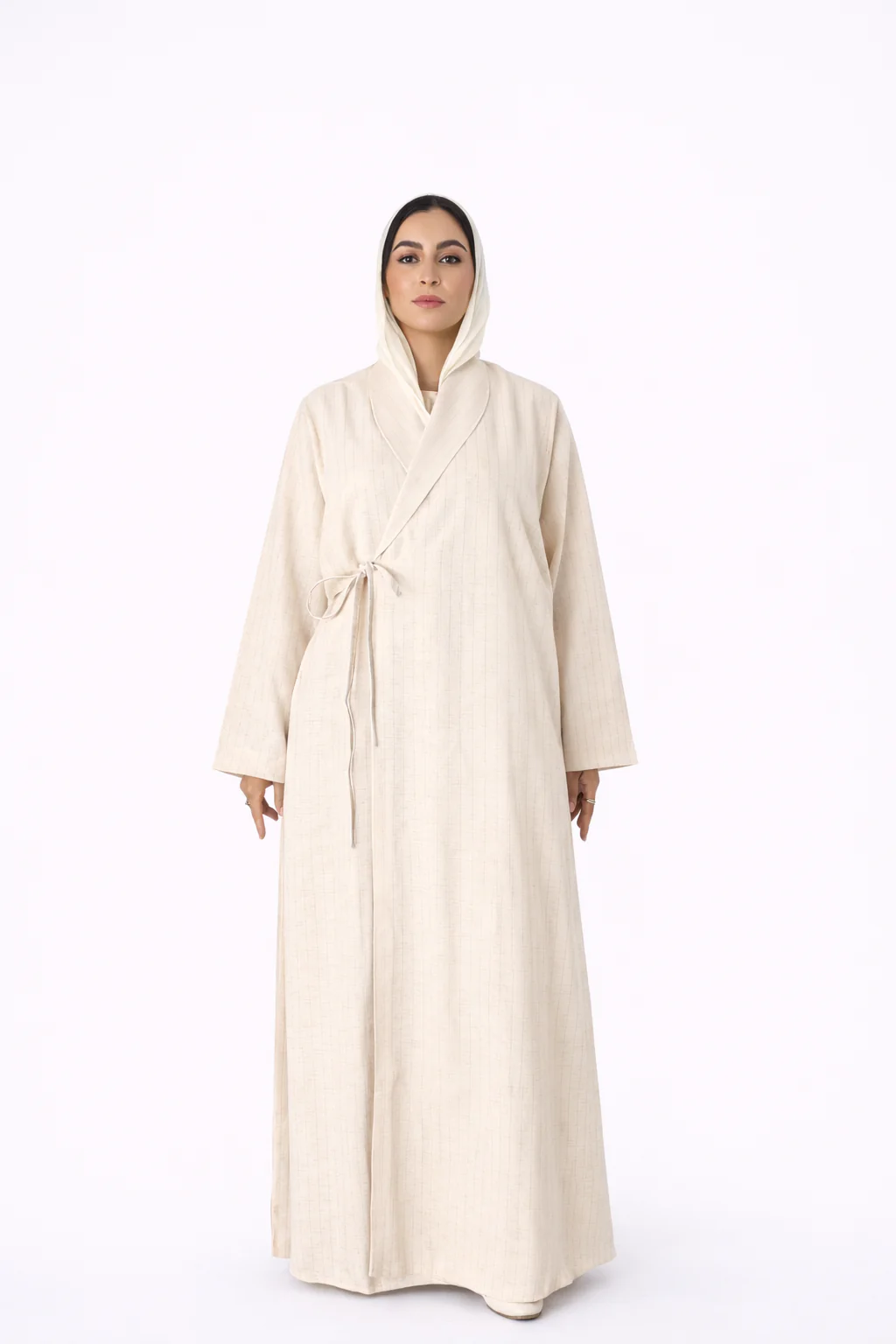 Linen Wrap Abaya - Cream Pinstripe - Image 2