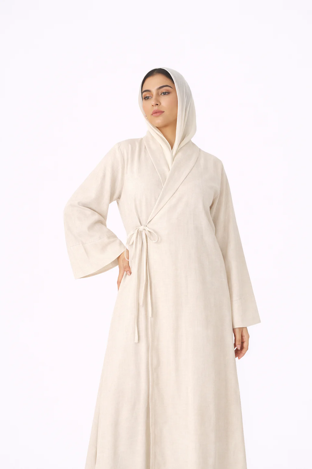 Linen Wrap Abaya - Cream Pinstripe - Image 3