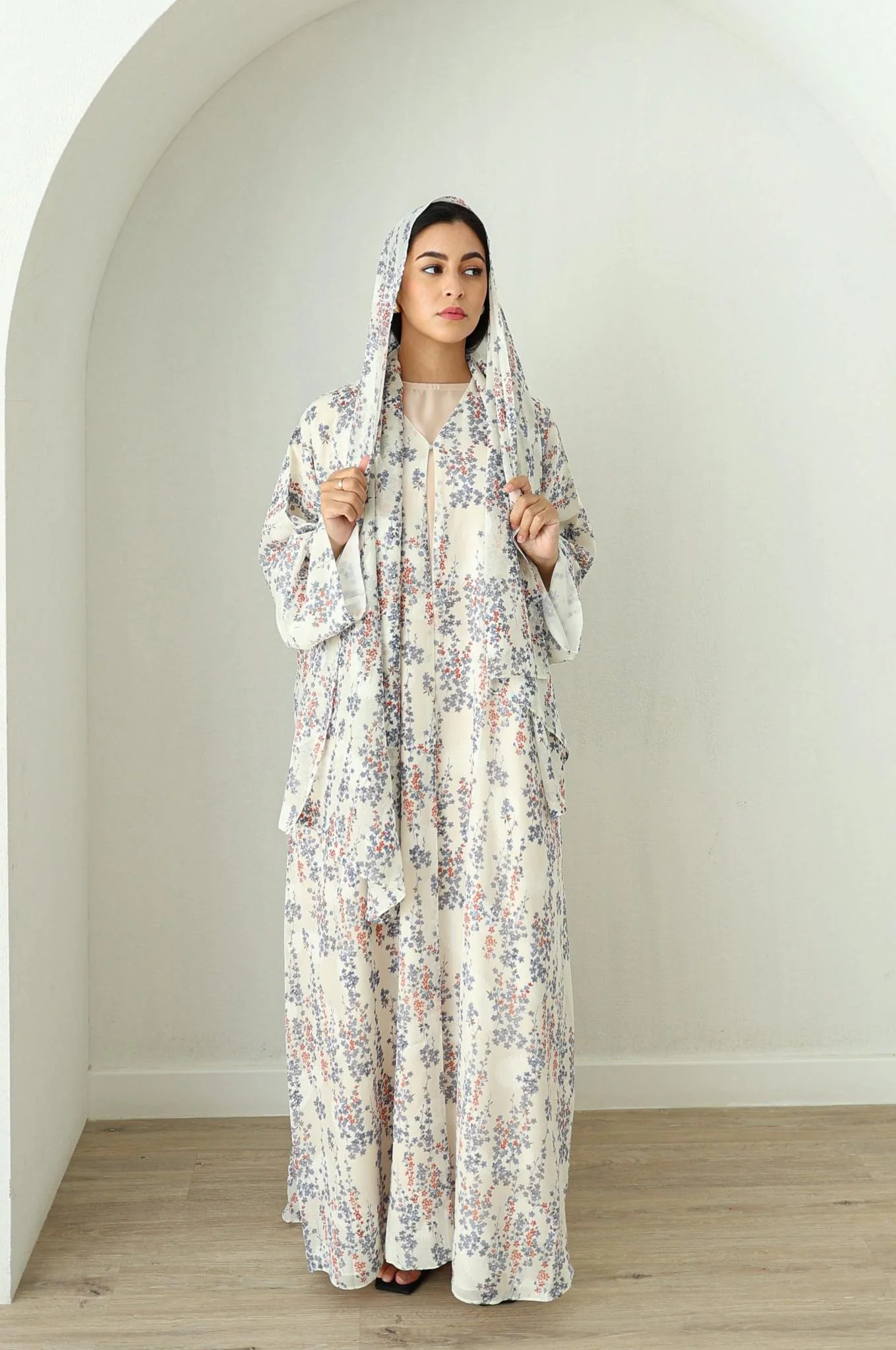 Printed Chiffon Abaya- Blue Gardens - Image 3