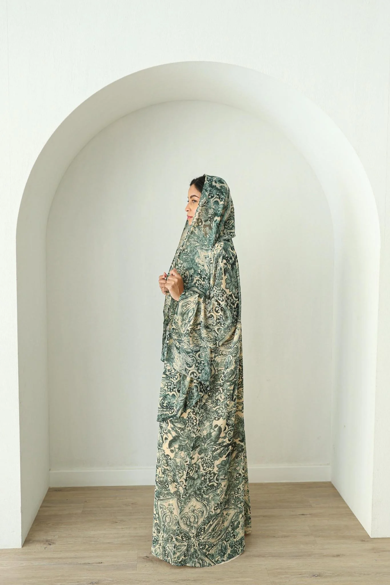 Printed Chiffon Abaya- Forest Green - Image 2