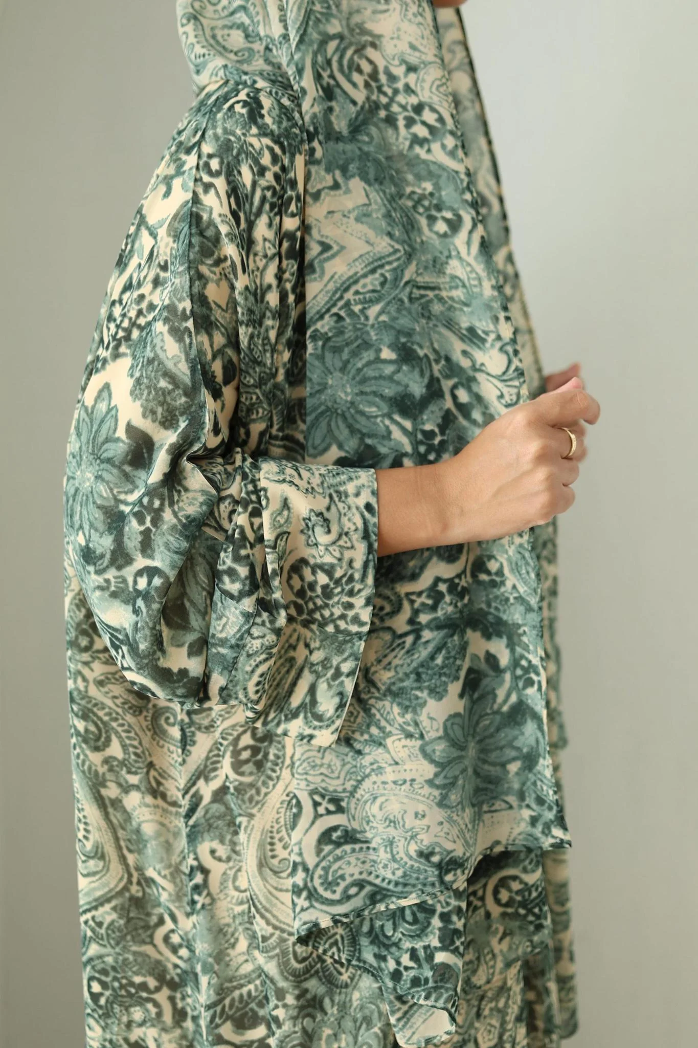 Printed Chiffon Abaya- Forest Green - Image 3