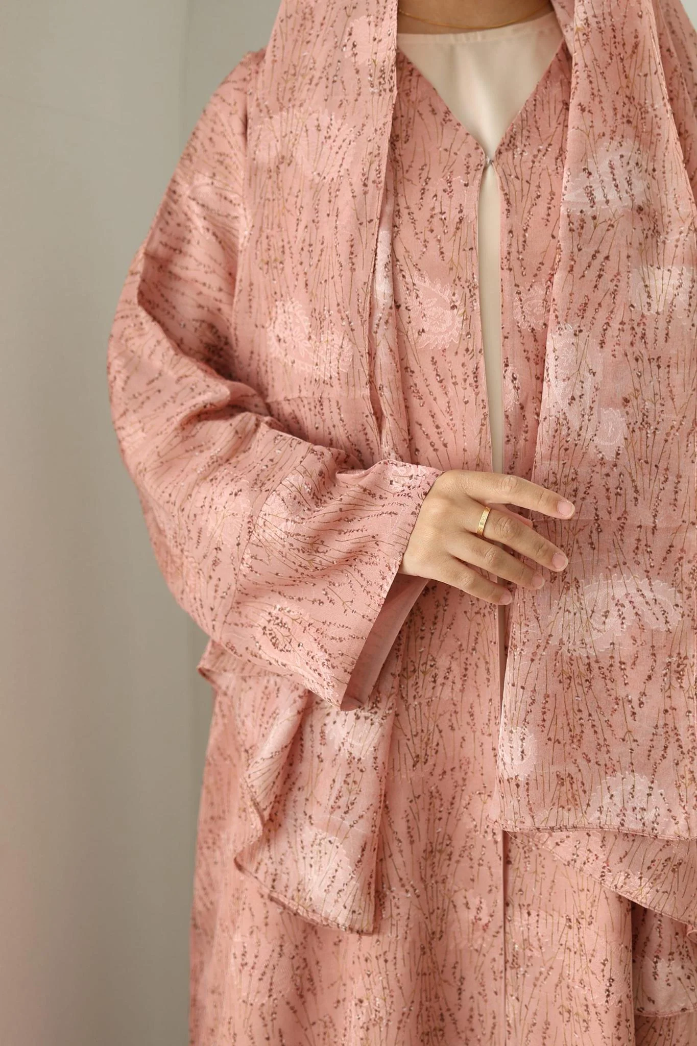 Printed Chiffon Abaya- Pink floral - Image 2