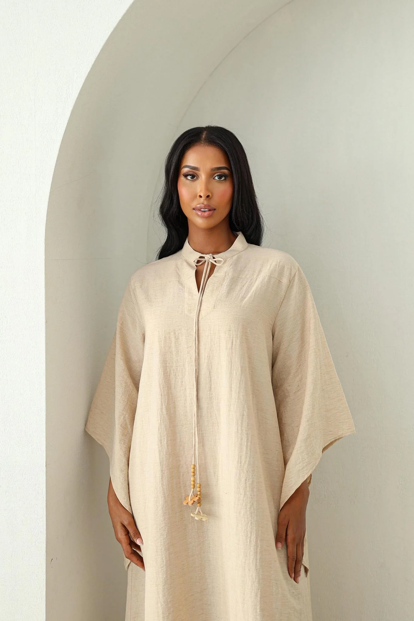 Wide Sleeve Kaftan Dress - Sand - Image 2
